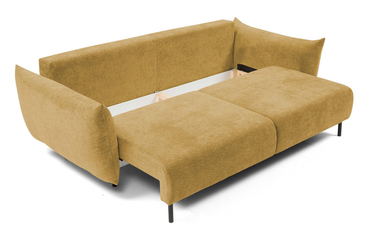 SOFA ADEL - Schlaffunktion Und Bettkasten, Wellenfederung, PUR-Schaum, Schwarze Metallfüße lose Rückenkissen, freistehend, 240x108x75 cm Gold - Goldfarben, Holz/Textil (240/75/108cm) - DomoHome