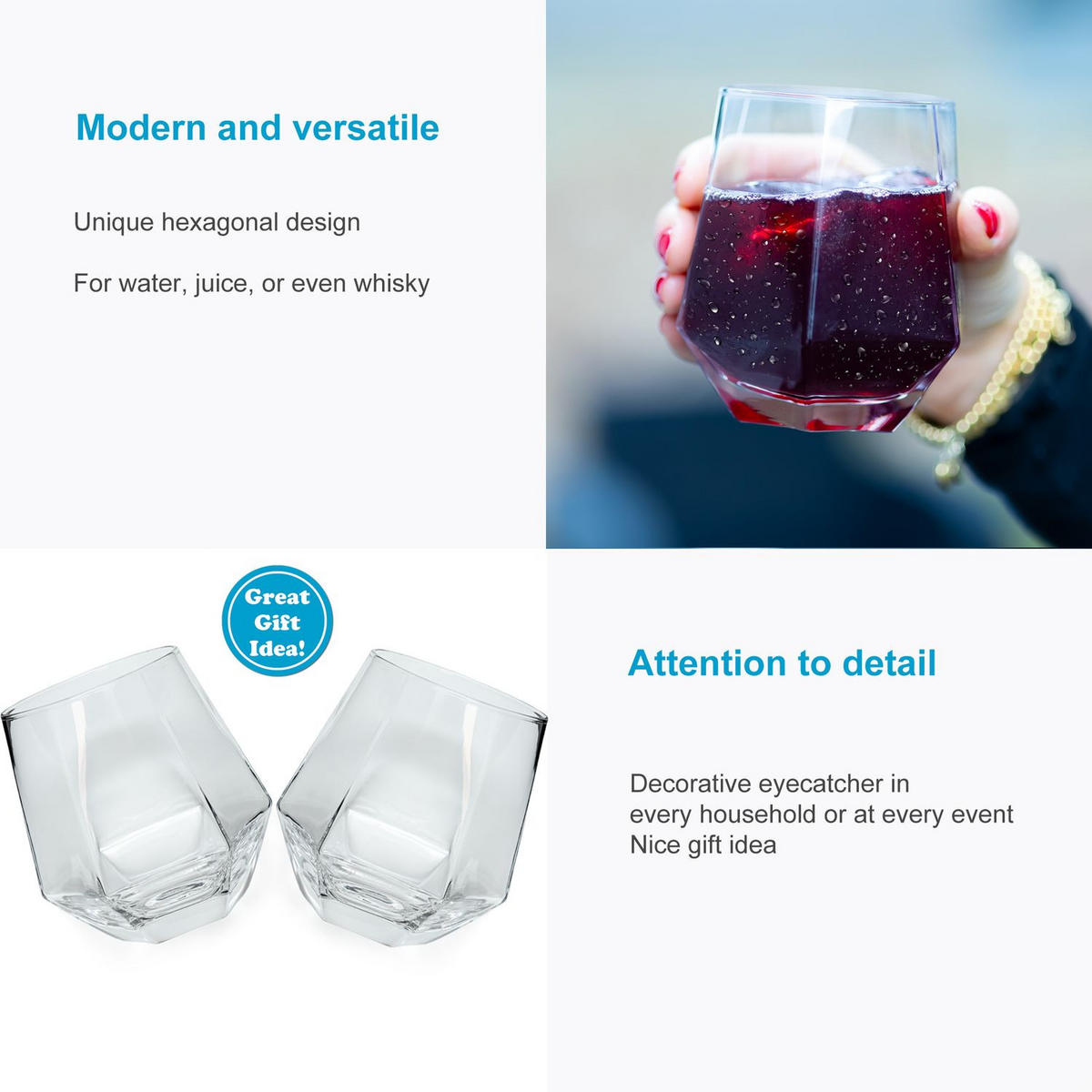 TRINKGLAS SET im Hexagon Design 240 ml (4-tlg) - Transparent, Glas - Intirilife