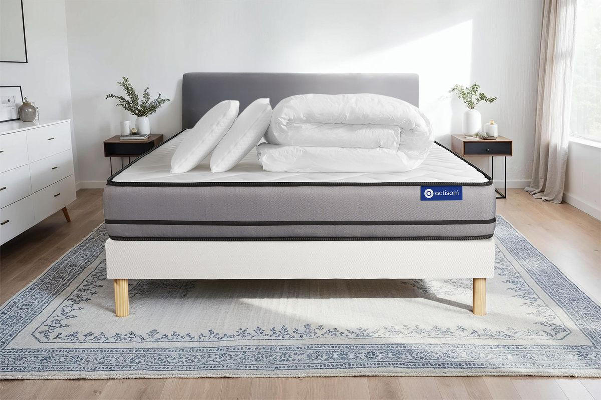 BETT Actiflex night Taschenfederkern 200 x 200 cm h4 - Kit Bettgestell Weiß - Mit Kissen und Bettdecke - Beige/Weiß, Karton/Holz (200/200cm) - ACTISOM