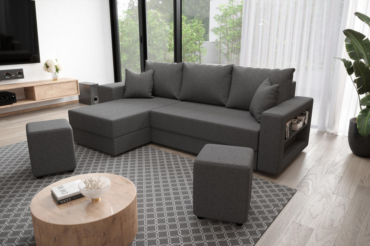 ECKSOFA Vegas mit Schlaffunktion und Ablagefläche + zwei Hocker - Grau, Textil (260/140cm) - SIMKAM Furniture