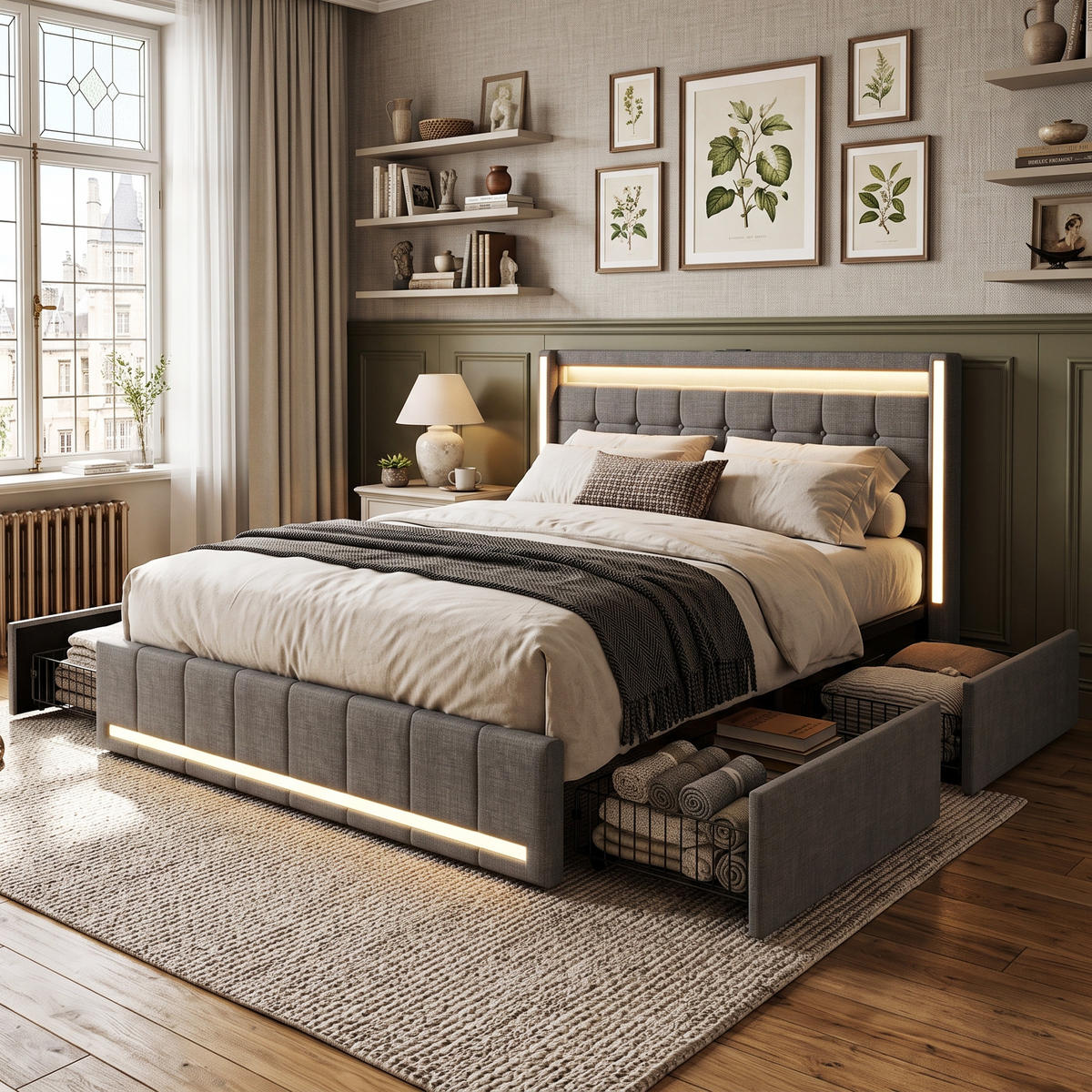 POLSTERBETT Geometrisch 140/200 cm mit 4 Schubladen & App-LED Leinenoptik Grau - Grau, Textil (140/200cm) - Creahappy
