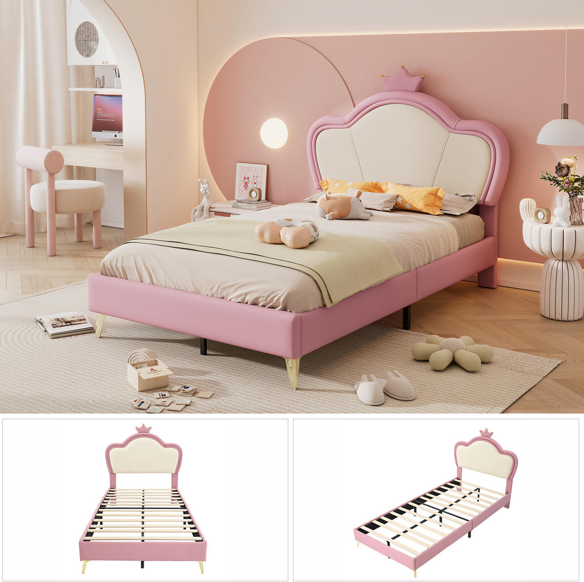 KINDERBETT 90/200 cm aus PU mit Kronen-Kopfteil Rosa/Weiß - Weiß, Kunststoff (90/200cm) - Modenvie