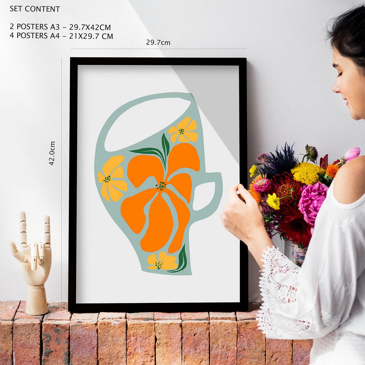 POSTER Set Mit 6 Demodierte Vase In Blume Zusammenfassung Ästhetische Dekorative Gemälde Für Ihr Wohnzimmer Zuhause A3 & A4 Rahmen Aus Hellem Holz - Beige, Papier (29/3cm) - Nacnic
