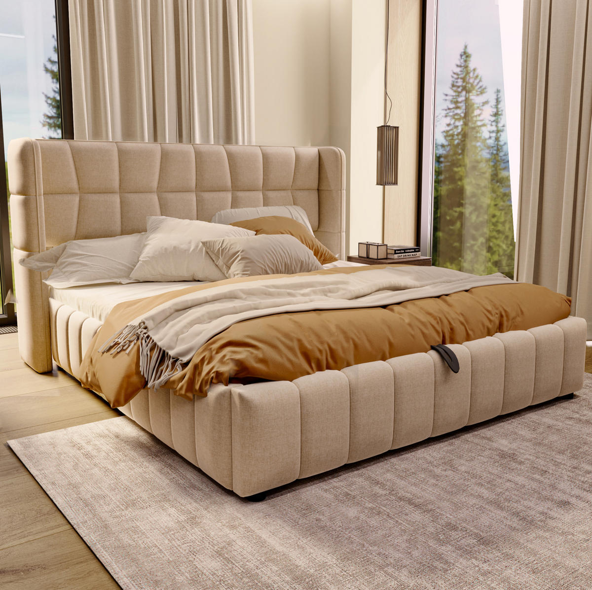 POLSTERBETT aus Stoff und Metall 180x200 cm Beige mit Stauraum und Hebemechanismus - Beige, Textil (180/200cm) - IVMEU
