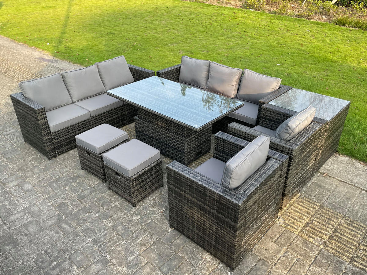 GARTENMÖBEL HÖHENVERSTELLBARER ESSTISCH SET Polyrattan Outdoor 7-Sitzer - Dunkelgrau/Grau, Glas/Kunststoff - Fimous