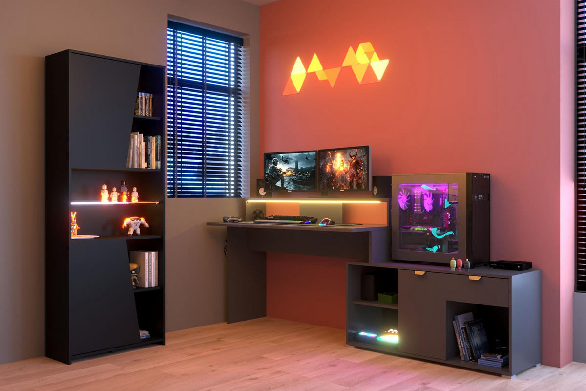 GAMING Schreibtisch Parisot Work 2-tlg. Holznachbildung Grau/Schwarz - Schwarz/Grau, Kunststoff (200/100/95cm) - 58aufmkessel