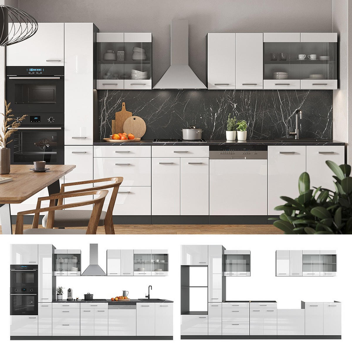 KUCHYŇA R-Line Biely vysoký lesk/antracit 350 cm s vysokou skriňou, dub AP - biela s vysokým leskom/antracitová, kompozitné drevo (350/206.8/60cm) - Vicco