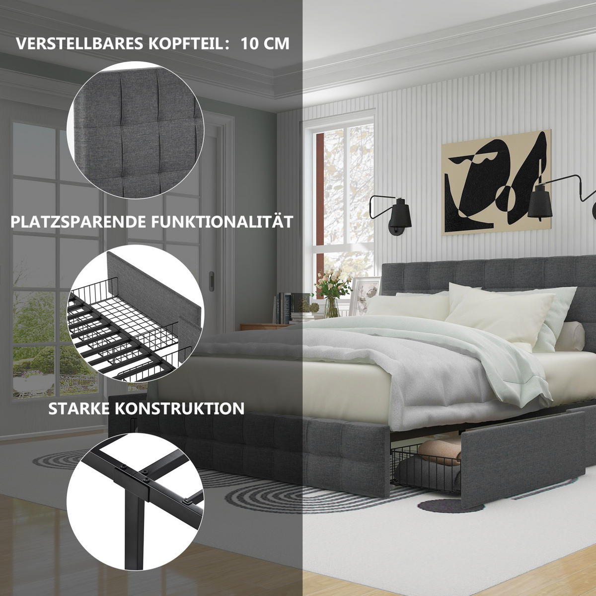 POLSTERBETT 140/200 cm grau aus Leinen mit 4 Schubladen und Matratze - Grau, Textil (140/200cm) - OKWISH
