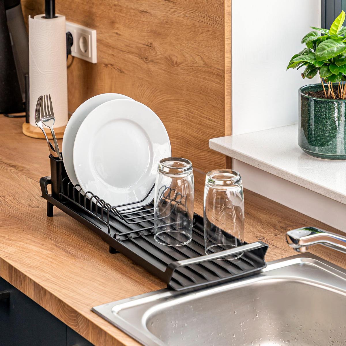 GESCHIRR-ABTROPFGESTELL ausziehbar, schwarz - Schwarz, Kunststoff (46.5/12.5/19.5cm) - eluno