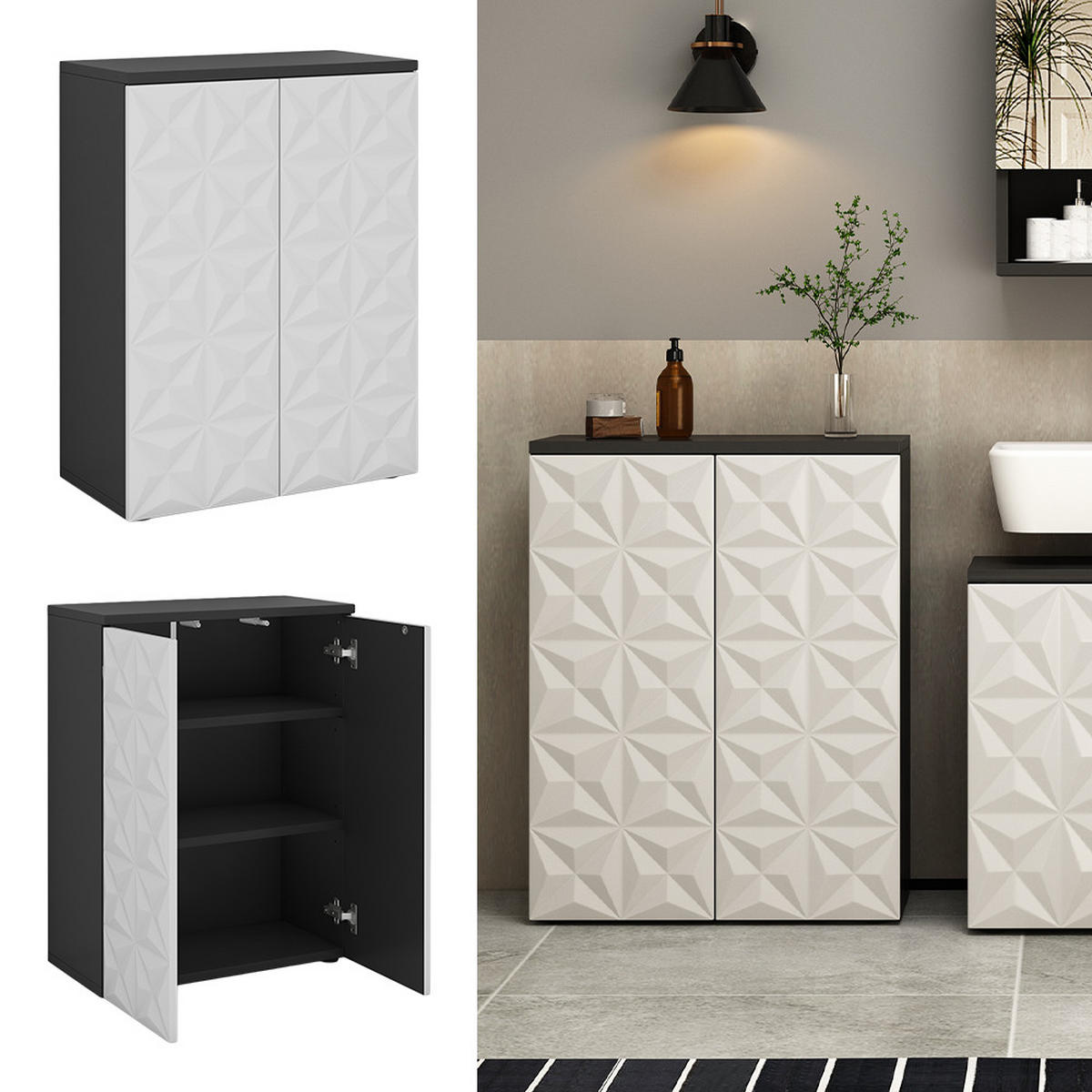 MIDISCHRANK Edge Schwarz 60 x 79.5 cm mit 2 Türen und 3 Fächer - Schwarz/Weiß, Holzwerkstoff (60/79.5/30cm) - Vicco