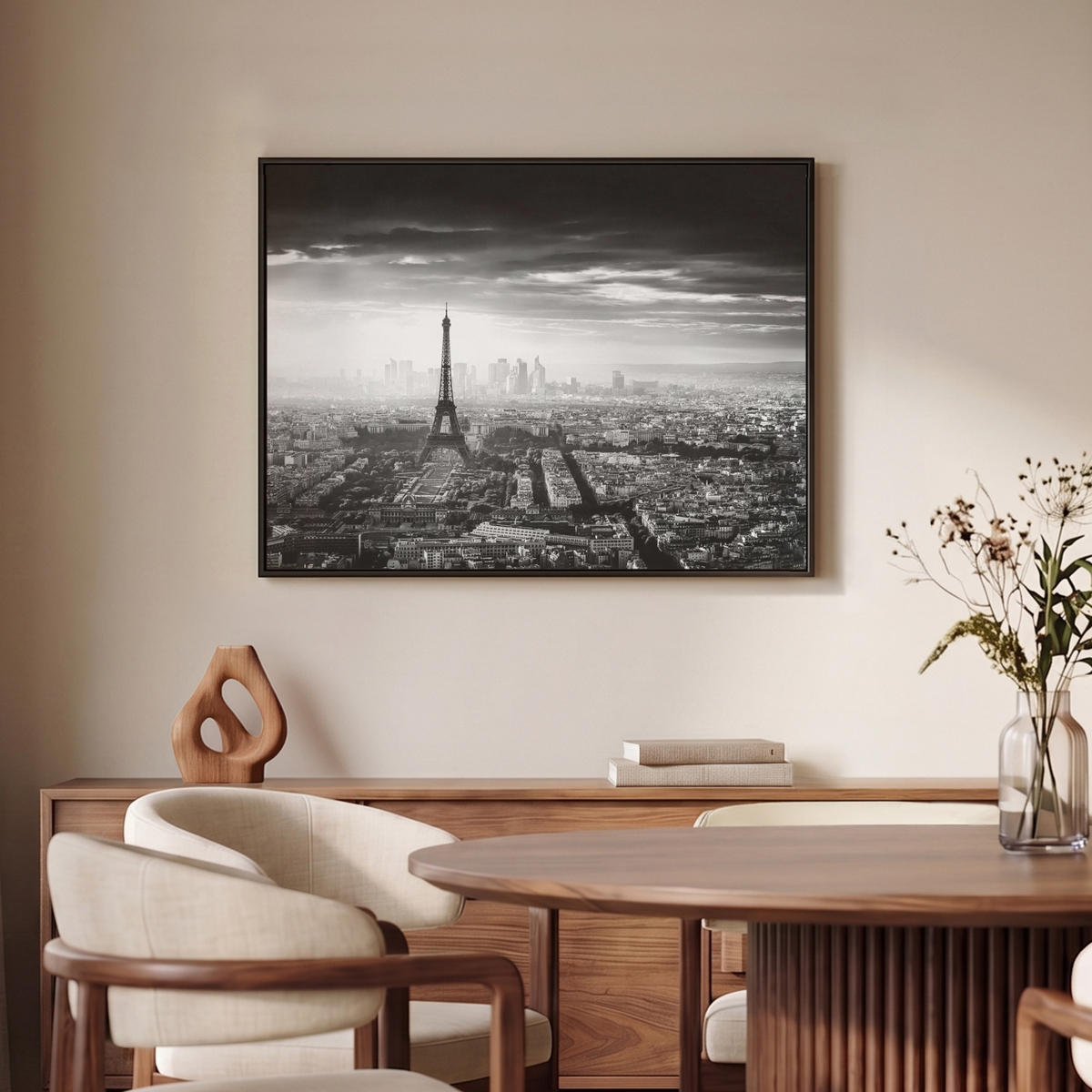 LEINWAND Bilder mit Rahmen - Paris - Skyline - Eiffelturm - Stadt - Wolken - 70x50 - Dunkelgrau, Textil (70/50cm) - MuchoWow