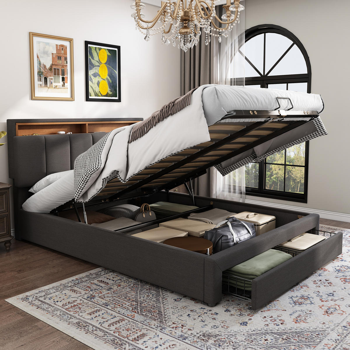 POLSTERBETT 180x200 cm LED Schubladen Stauraum Kopfteil Leinen grau - Grau, Holz (180/200cm) - LEBENLANG
