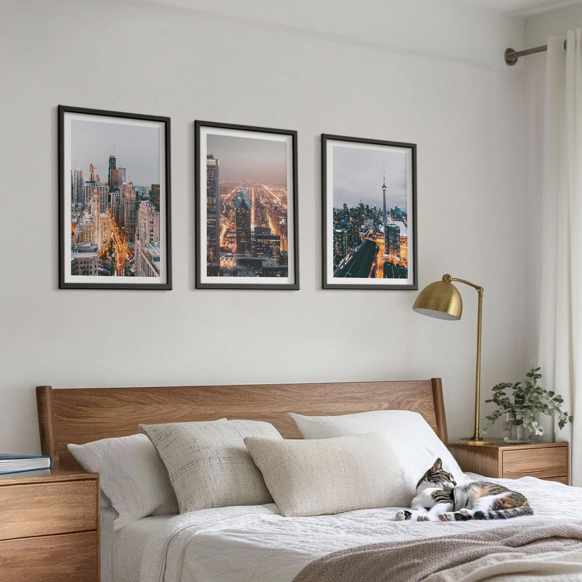 WANDBILDER 3er-Set - 40x60 cm Schwarzer Rahmen - Städte bei Nacht, Wolkenkratzer, Lichter - Schwarz, Kunststoff (40/60cm) - ArtPrintCave