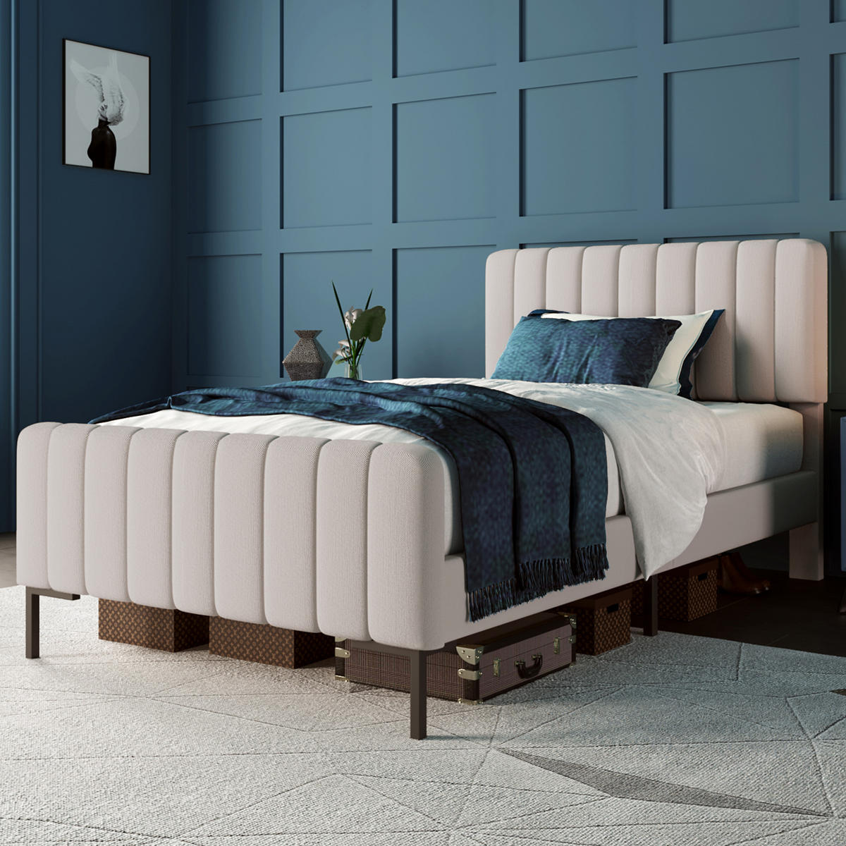 POLSTERBETT 90/200 cm Grau-Beige mit verstellbarem Kopfteil und Lattenrost aus Leinen Mit Matratze - Grau, Textil (90/200cm) - OKWISH