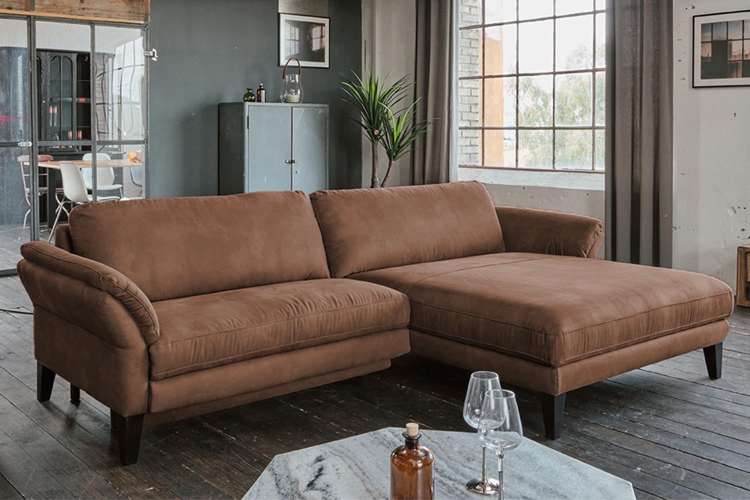 ECKSOFA MALTA Braun Webstoff - Dunkelbraun/Schwarz, Buchenholz/Textil (302/175cm) - KAWOLA