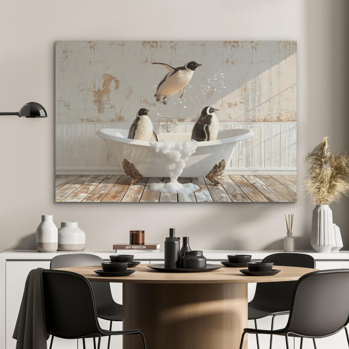 AKUSTIKPANEEL Vintage - Pinguin - Badewanne - Schaumstoff 100x70 cm - Schwarz, Textil (100/0.9/70cm) - MuchoWow