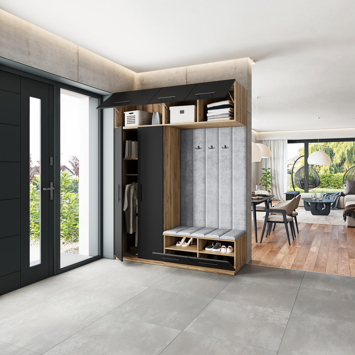 GARDEROBENSCHRANK REMA 180/240/60 cm Modern Eiche Wotan - Eiche Wotan/Schwarz, Holzwerkstoff (180/240/60cm) - MASSENO