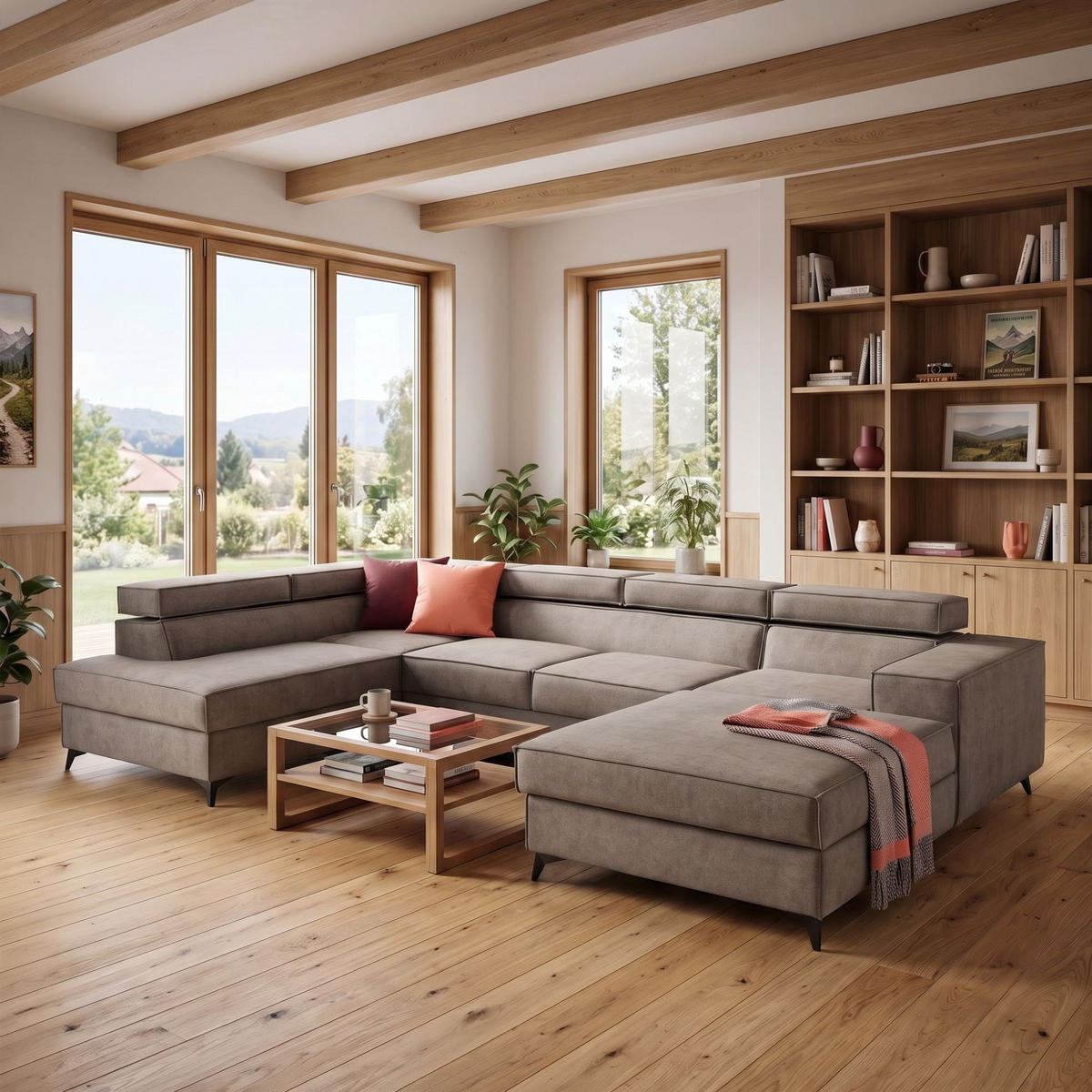 ECKSOFA PURE U Links mit Schlaffunktion 127x270 Velours Beige - Beige/Schwarz, Holz/Textil (340/204cm) - Muffo