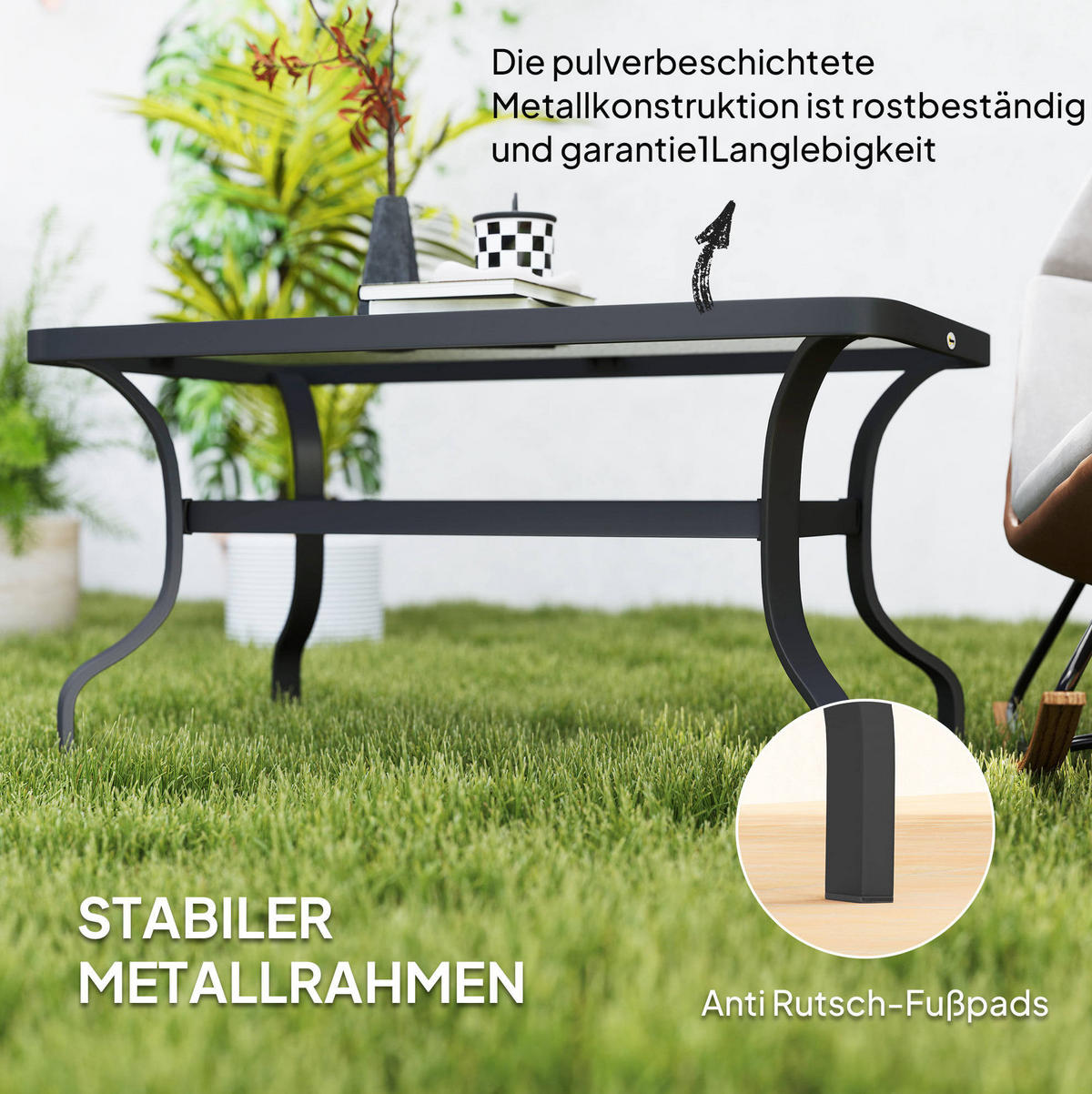 GARTENTISCH aus Metall 95x55x46 cm Schwarz mit Hartglasplatte - Naturfarben, Metall (95/55/46cm) - Modfu