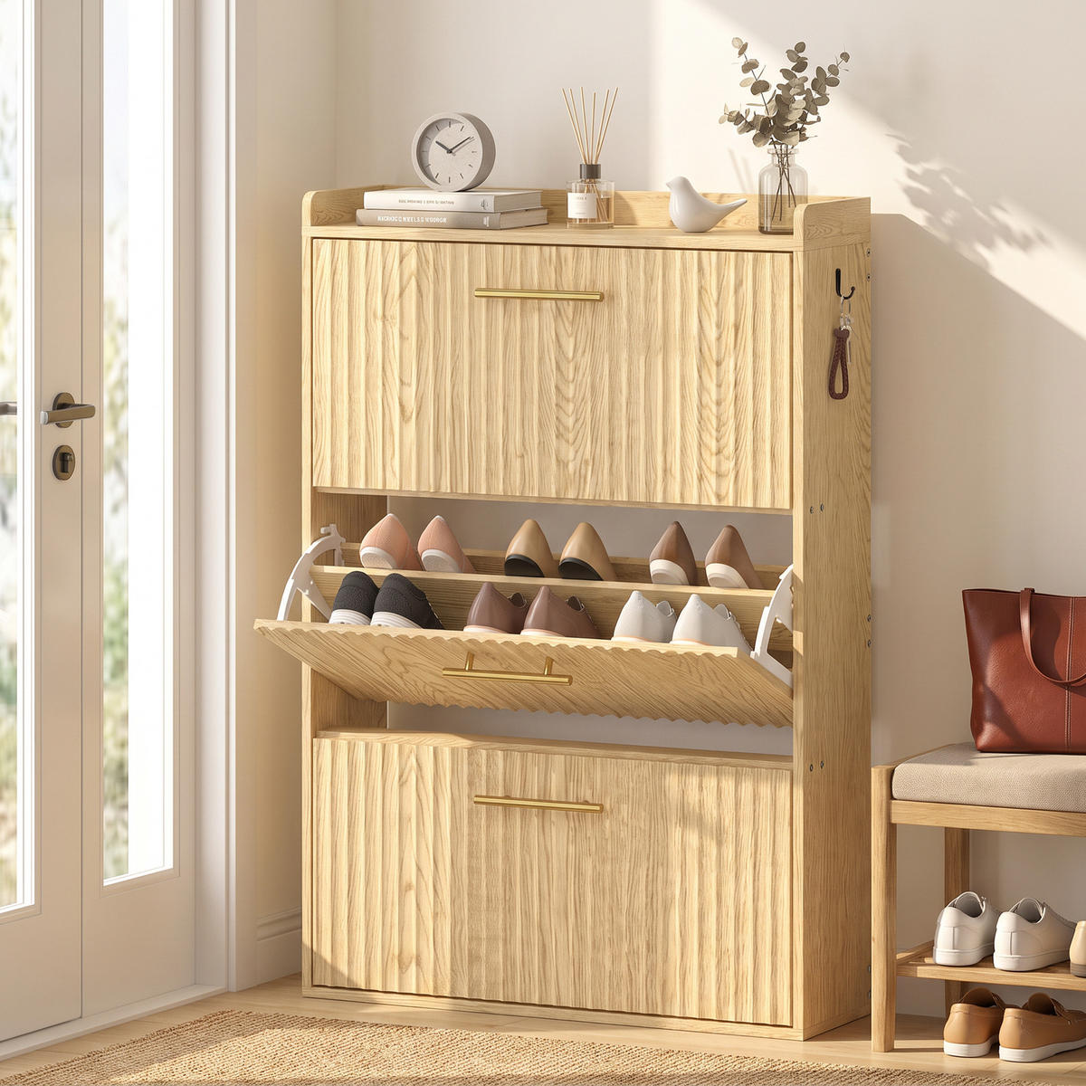 SCHUHSCHRANK MDF Hellbraun - Hellbraun, Holzwerkstoff/Metall (24/117.5/80cm) - HOMCOM
