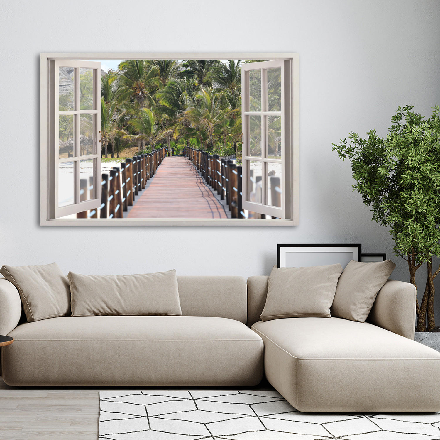 WANDBILD fensterblick tropische natur palmen - Grün, Textil (60/40cm) - Feeby