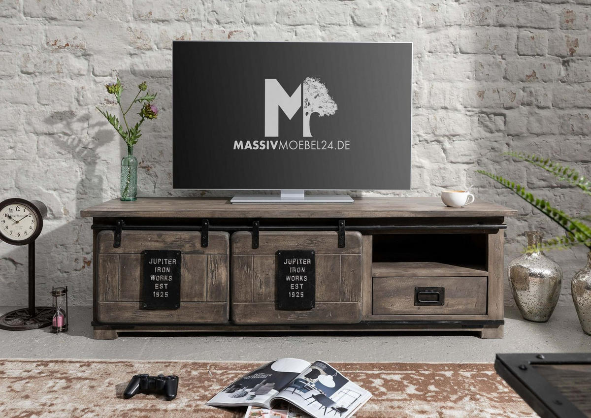 TV-BOARD Mango 160x45x50 grau lackiert RAILWAY #201 - Grau, Holz (160/50/45cm) - Massivmoebel24