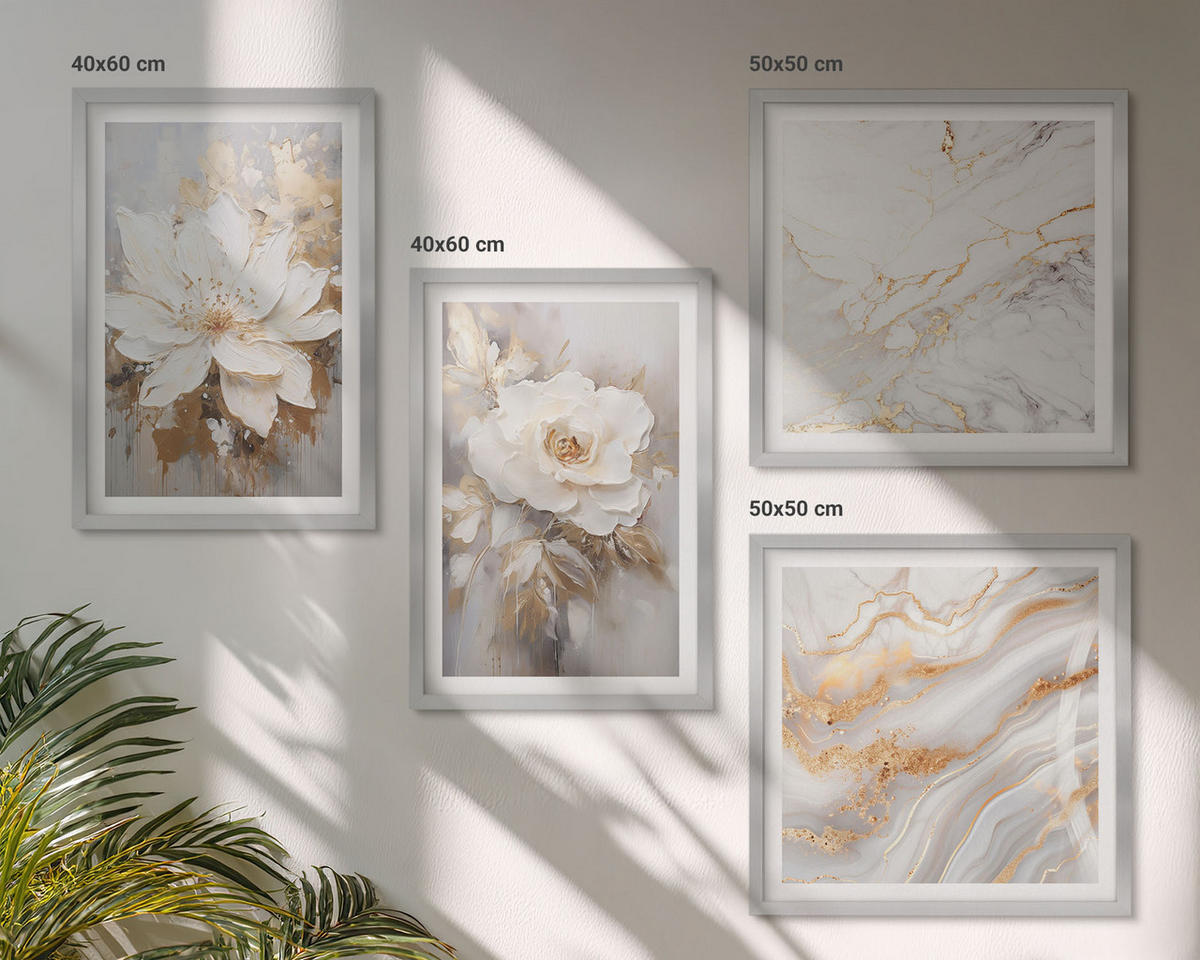 WANDBILDER 4er Set - 50x50 cm & 40x60 cm Silberner Rahmen - Blumen, heller Hintergrund, Marmormuster - Silberfarben, Kunststoff (50/50cm) - ArtPrintCave