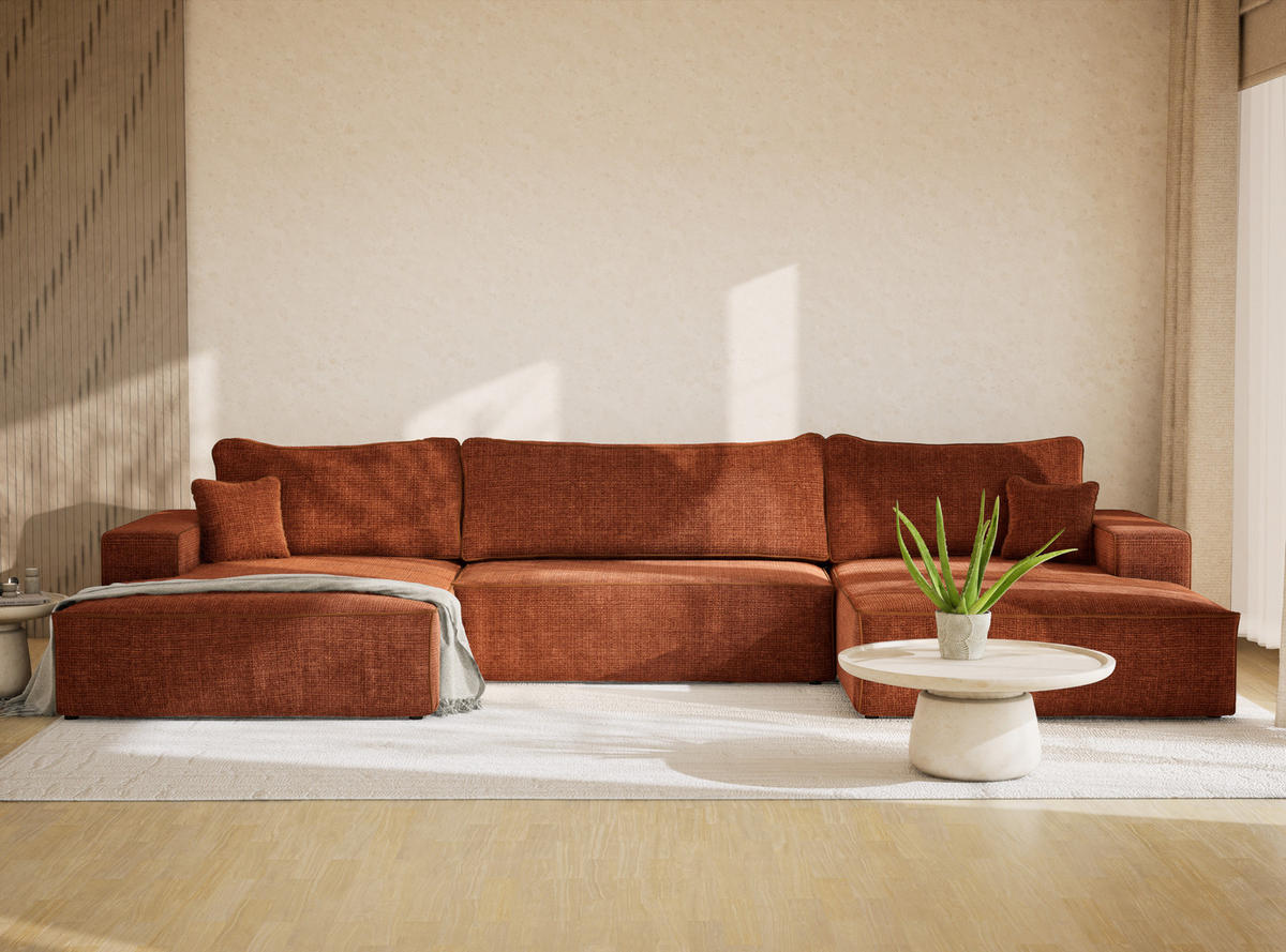 WOHNLANDSCHAFT Deseo Rostfarbe Chenille-Stoff - Rostfarben/Schwarz, Holz/Holzwerkstoff (398/70/148cm) - Maison de Reve
