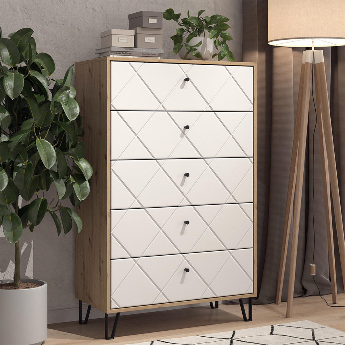 KOMMODE Nizza Artisan/Weiß 80.2 x 127.4 cm mit 5 Schubladen - Eiche Artisan/Weiß, Holzwerkstoff (80.2/127.4/40.1cm) - Vicco