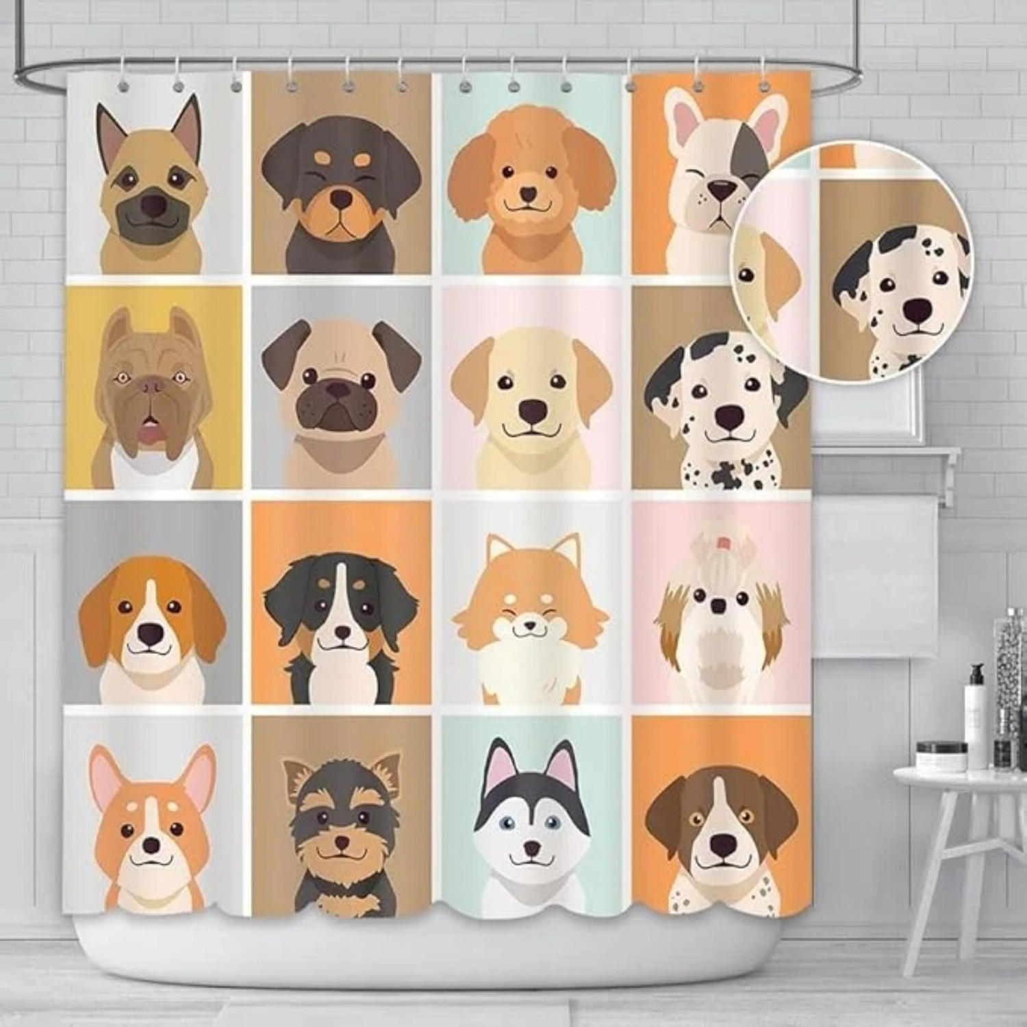 DUSCHVORHANG Bunt Hund niedlich Stoff mit Haken für Badewanne - Gelb, Textil (180/180cm) - MCBOSON