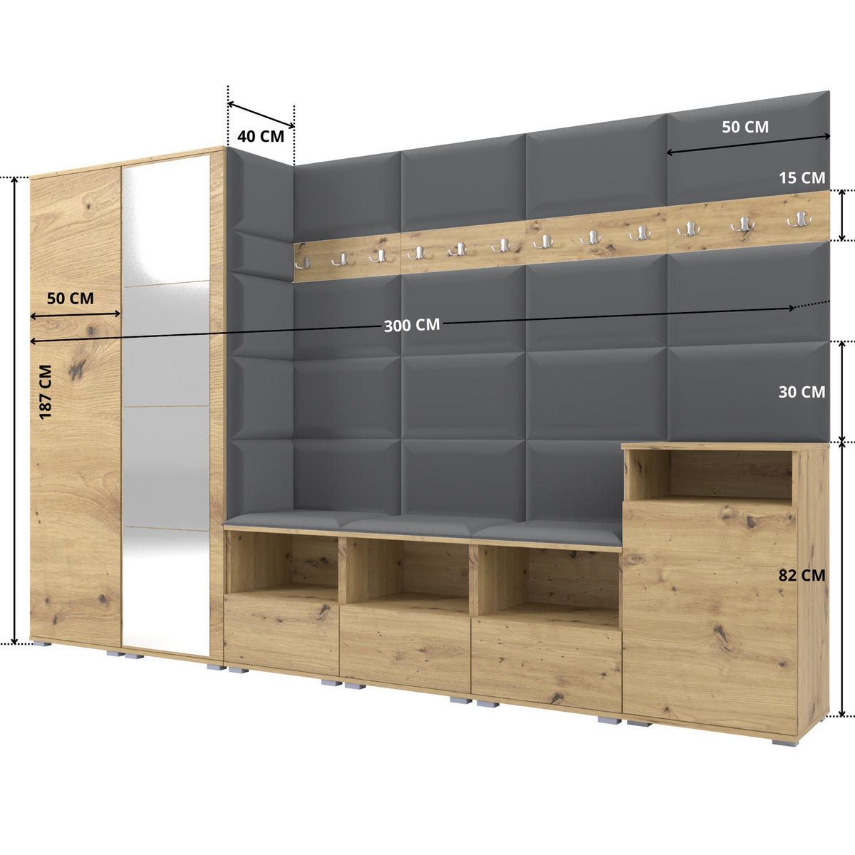 GARDEROBE NELA XII 300 cm (Modulare Flurmöbel Artisan Eiche mit Spiegel & Sitzpolster Dunkelgrau 15 Gigantisches Set) - Dunkelgrau/Silberfarben, Holz/Holzwerkstoff (300/187/40cm) - Ravio