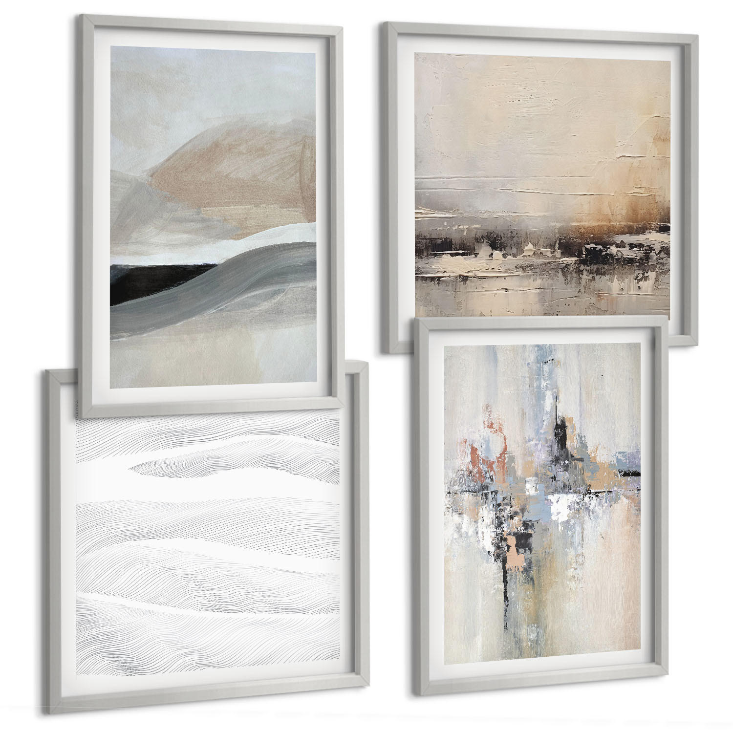 BILDER SET 4er Set - 50x50 cm & 40x60 cm Silberner Rahmen - Abstrakte Erdmuster - Silberfarben, Kunststoff (50/50cm) - TULUP