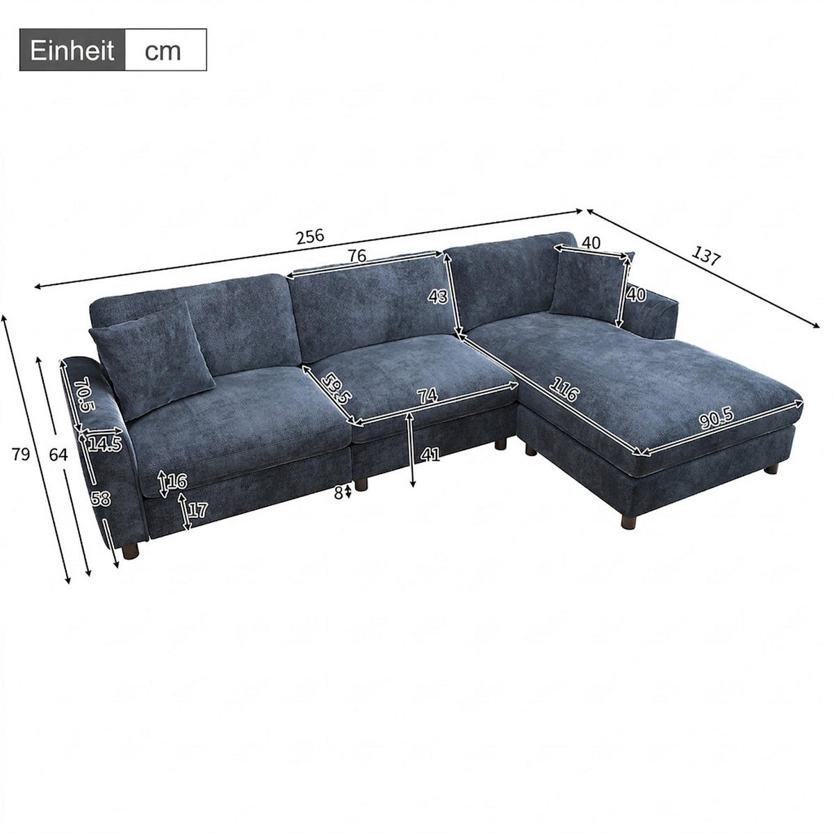 ECKSOFA 256/137/79 cm Blau mit umstellbarer Liegeelement - Blau, Textil/Metall (256/137cm) - Oxeza