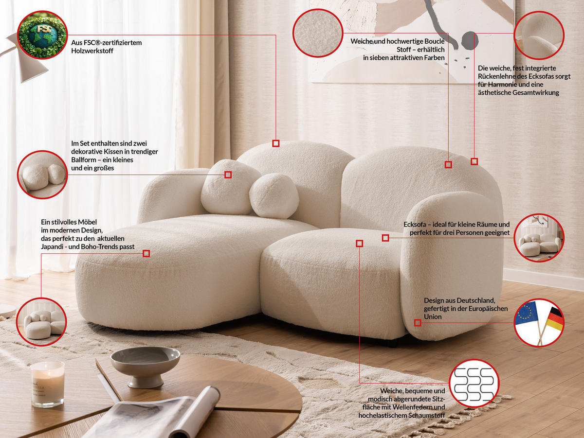 ECKSOFA Nuvola mit abgerundetem Design Hellbeige Bouclé-Stoff - Ottomane Links - Beige/Schwarz, Holz/Kunststoff (190/146cm) - S-Style Möbel