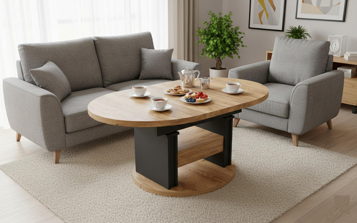 COUCHTISCH rund ausziehbar höhenverstellbar Schubalde 100/100/60 cm - Eichefarben/Schwarz, Holzwerkstoff (100/100/60cm) - designimpex