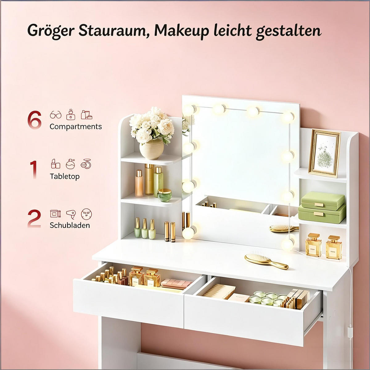 SCHMINKTISCH mit LED-Spiegel und viel Stauraum, weiß, 90×40× - Weiß, Kunststoff (40/135/90cm) - Vallsero