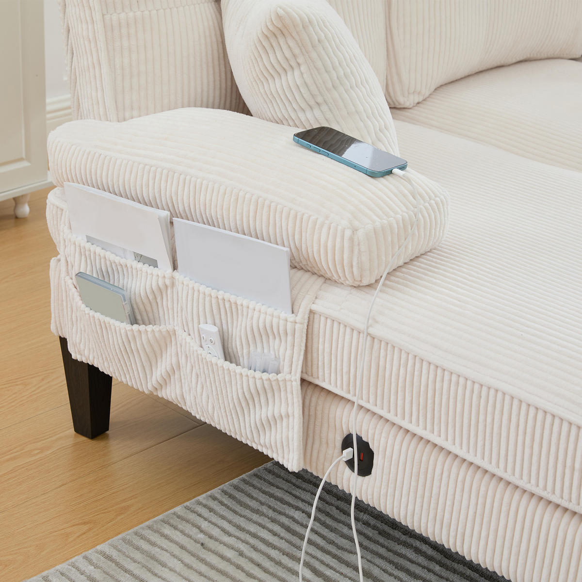 WOHNLANDSCHAFT Cord Beige mit USB, Type-C und Seitentaschen - Beige, Textil (250/88/130cm) - WISHDOR