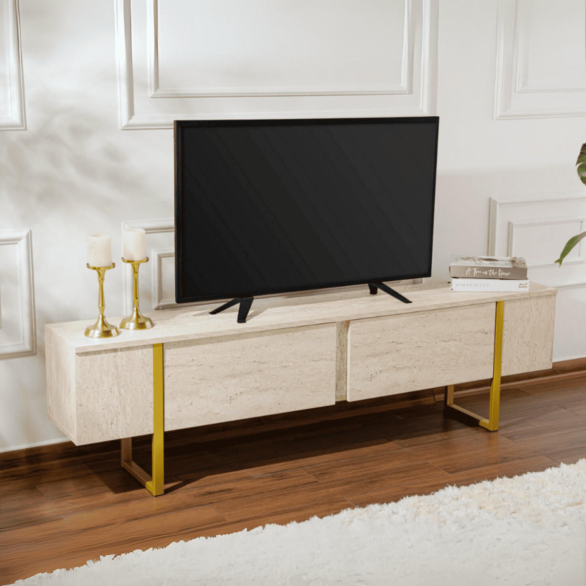 TV-MÖBEL serenity Travertin - Goldfarben, Holzwerkstoff (29.5/50/188cm) - Calicosy