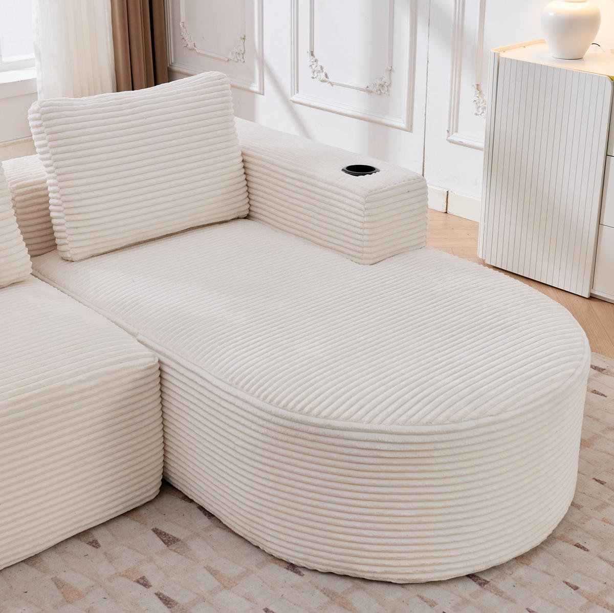 SOFA für kleine Räume Beige mit 3 Kissen und 2 Becherhaltern - Beige, Textil (176/265cm) - Meubliv