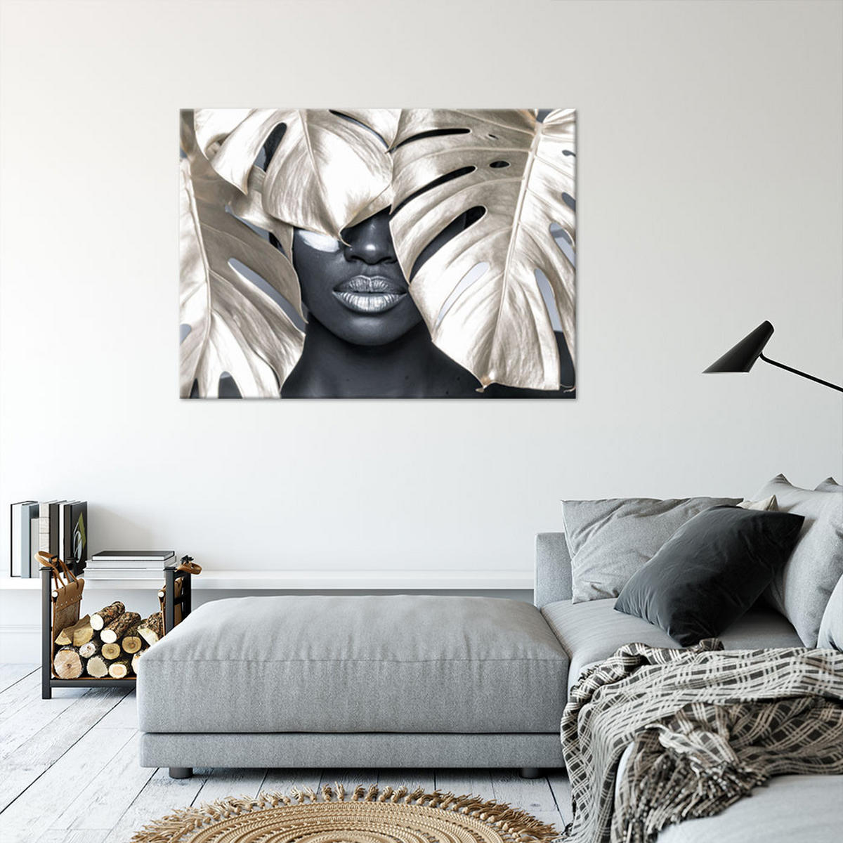 LEINWANDBILD Frau mit Monstera-Blättern auf dem Kopf 120x80cm - Grau, Textil (120/80cm) - Feeby