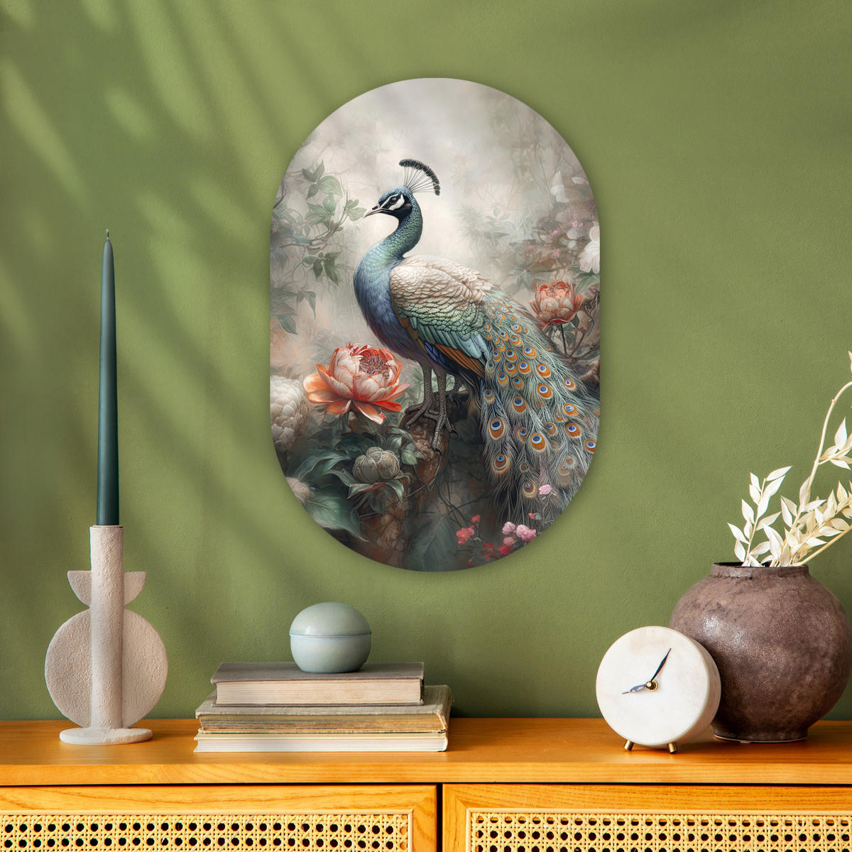 WANDBILD Pfau - Pfauenfedern - Vogel - Dschungel - Blumen 40x60 cm - Smaragdgrün, Kunststoff (40/60cm) - MuchoWow