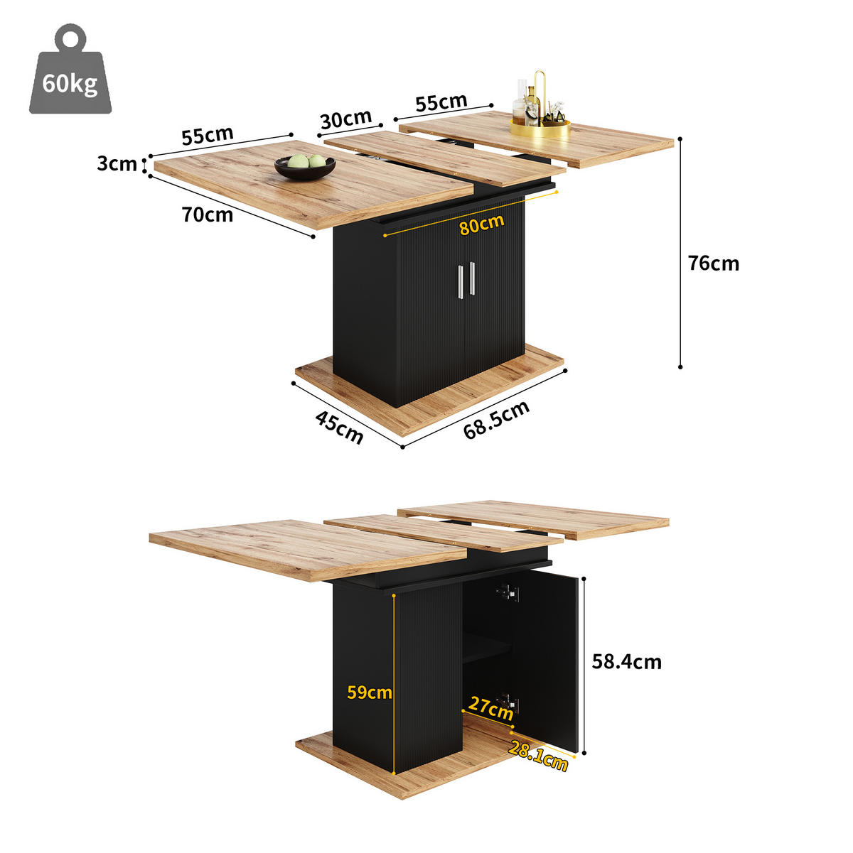 AUSZIEHBARER Esstisch aus MDF mit Stauraum, 110–140/70/76 cm, Schwarz - Schwarz, Holzwerkstoff (140/70/76cm) - Redom