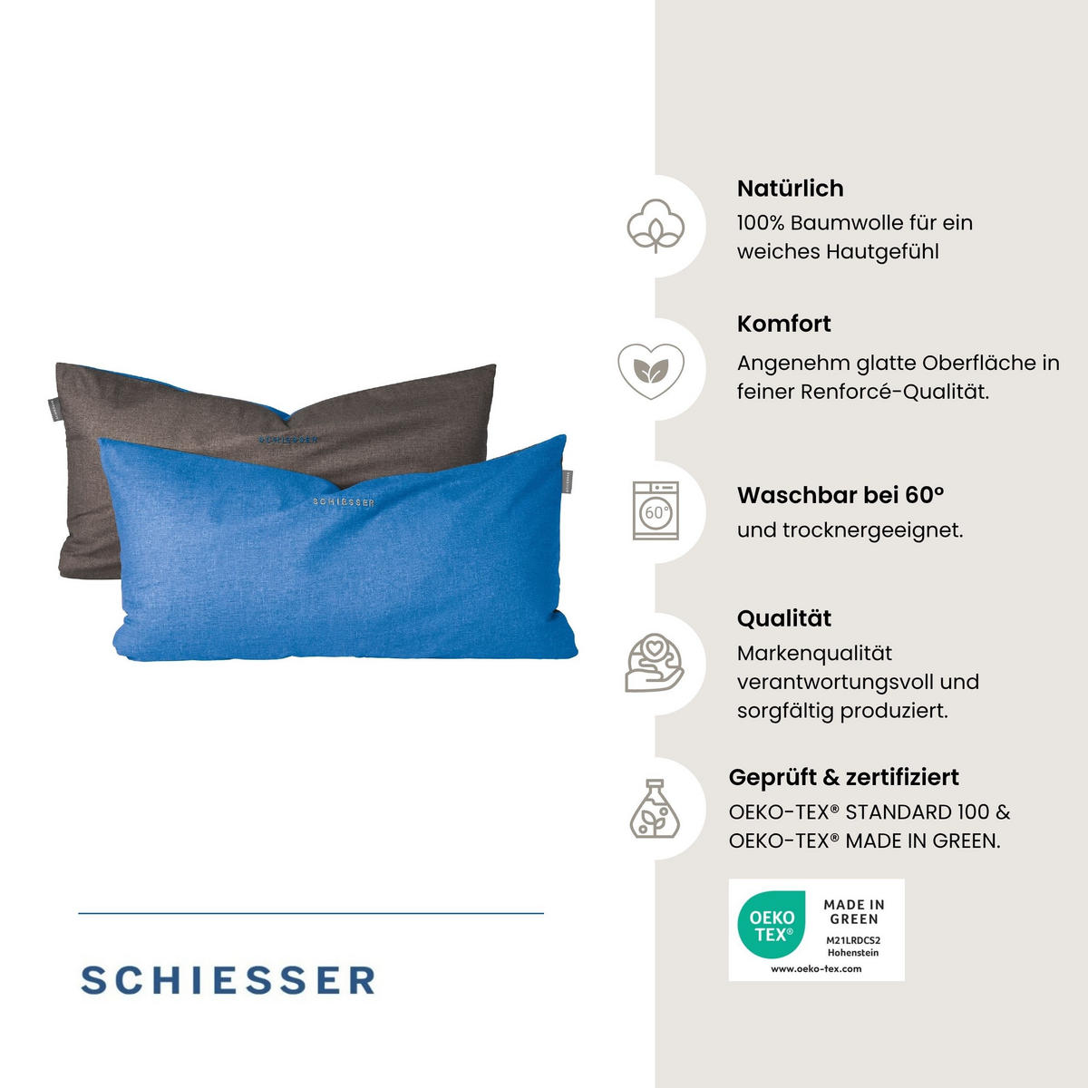 KISSENHÜLLENSET Doubleface Renforcé 2-teilig 40x80 cm Blau-Dunkelgrau - Blau/Dunkelgrau, Textil (40/80cm) - SCHIESSER