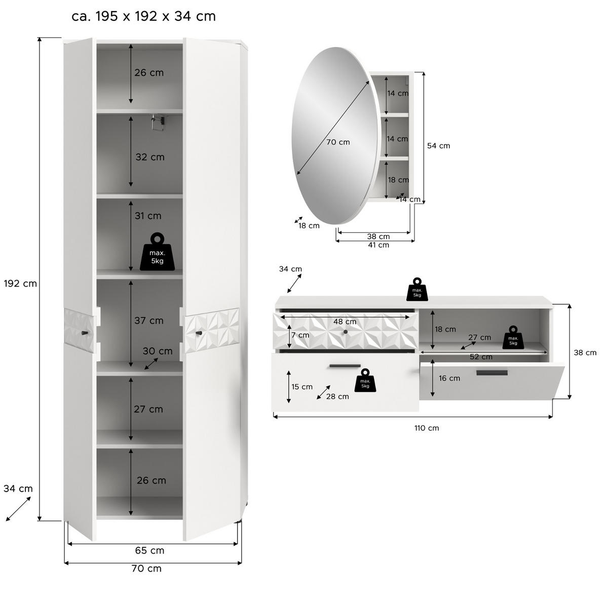 GARDEROBE Set weiß Hochglanz 195 cm, Kombination mit 3D-Struktur - Weiß Hochglanz/Schwarz, Glas/Holzwerkstoff (195/192/34cm) - Inn.Furn