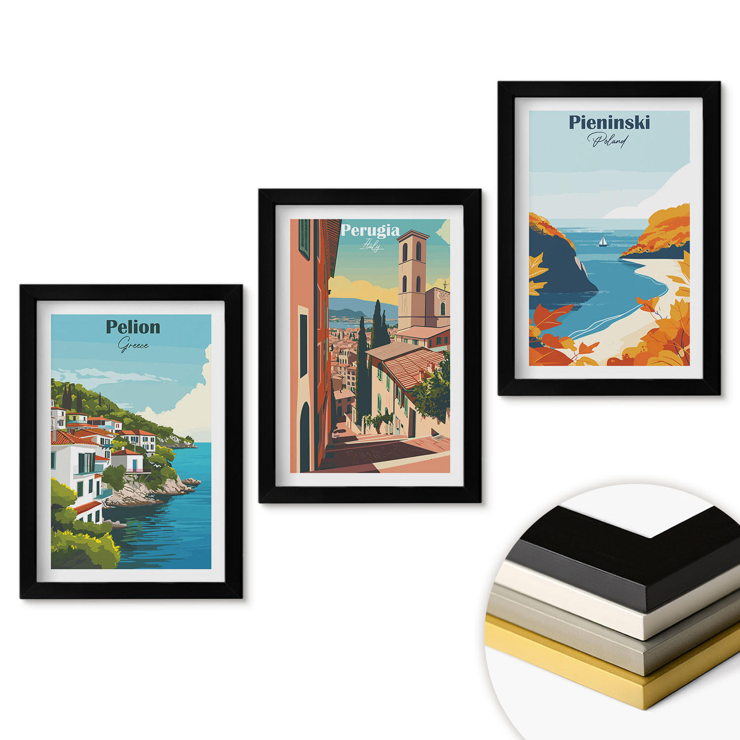 WANDBILDER 3er-Set - 20x30 cm Schwarzer Rahmen - Malerische Retro-Landschaften - Schwarz, Kunststoff (20/30cm) - ArtPrintCave