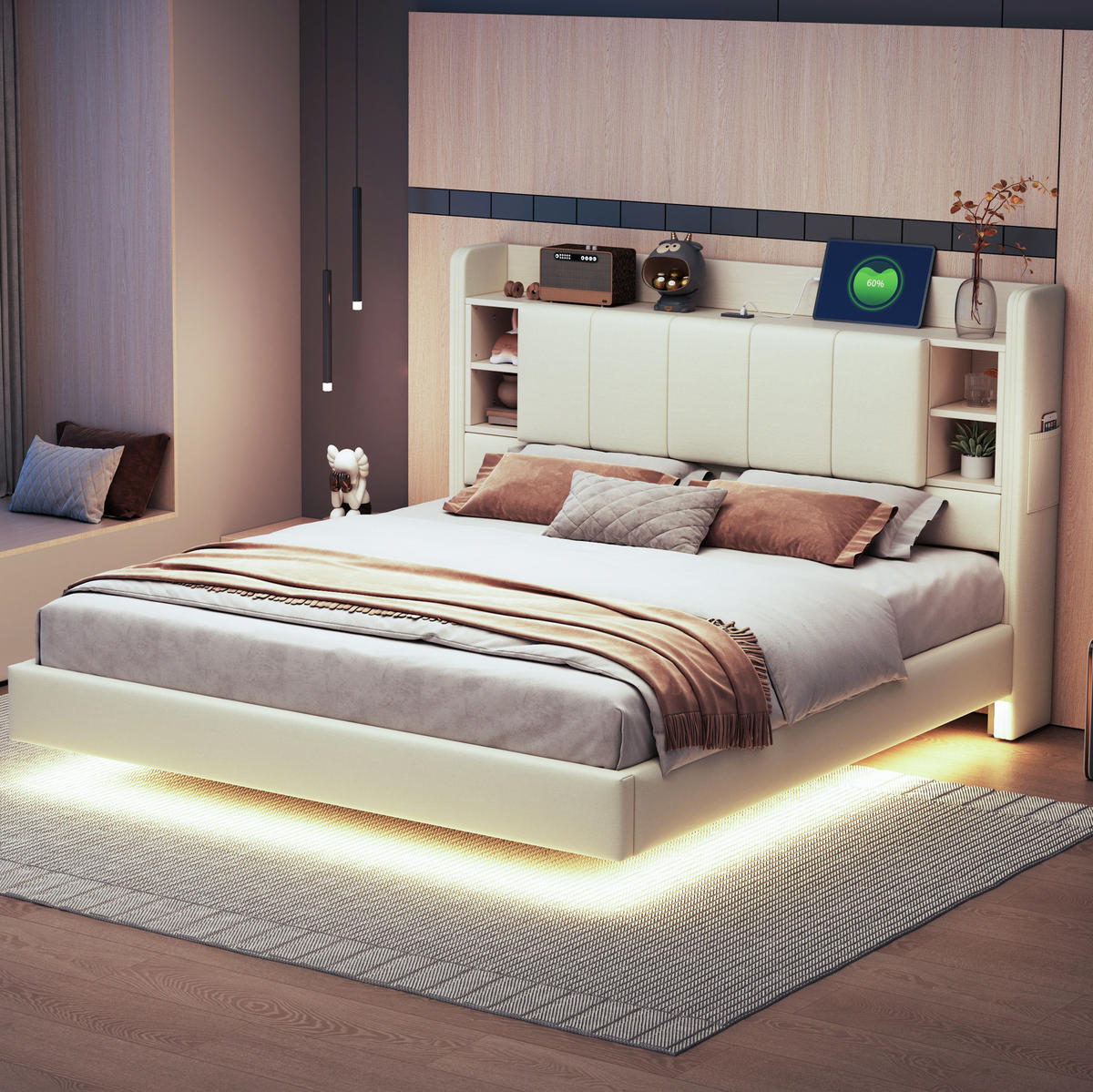 POLSTERBETT 160/200 cm Beige mit LED-Beleuchtung und Stauraum - Beige, Textil (160/200cm) - Flora Grace