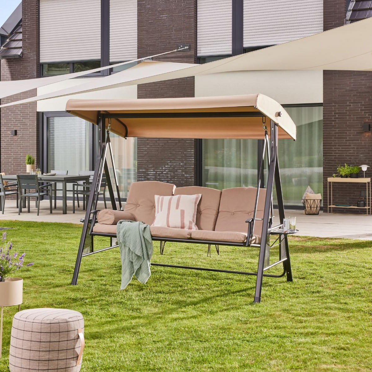 HOLLYWOODSCHAUKEL DESCANSO - Beige, Ohne Regenabdeckung - Beige, Textil/Metall (115/195/198cm) - Home Deluxe
