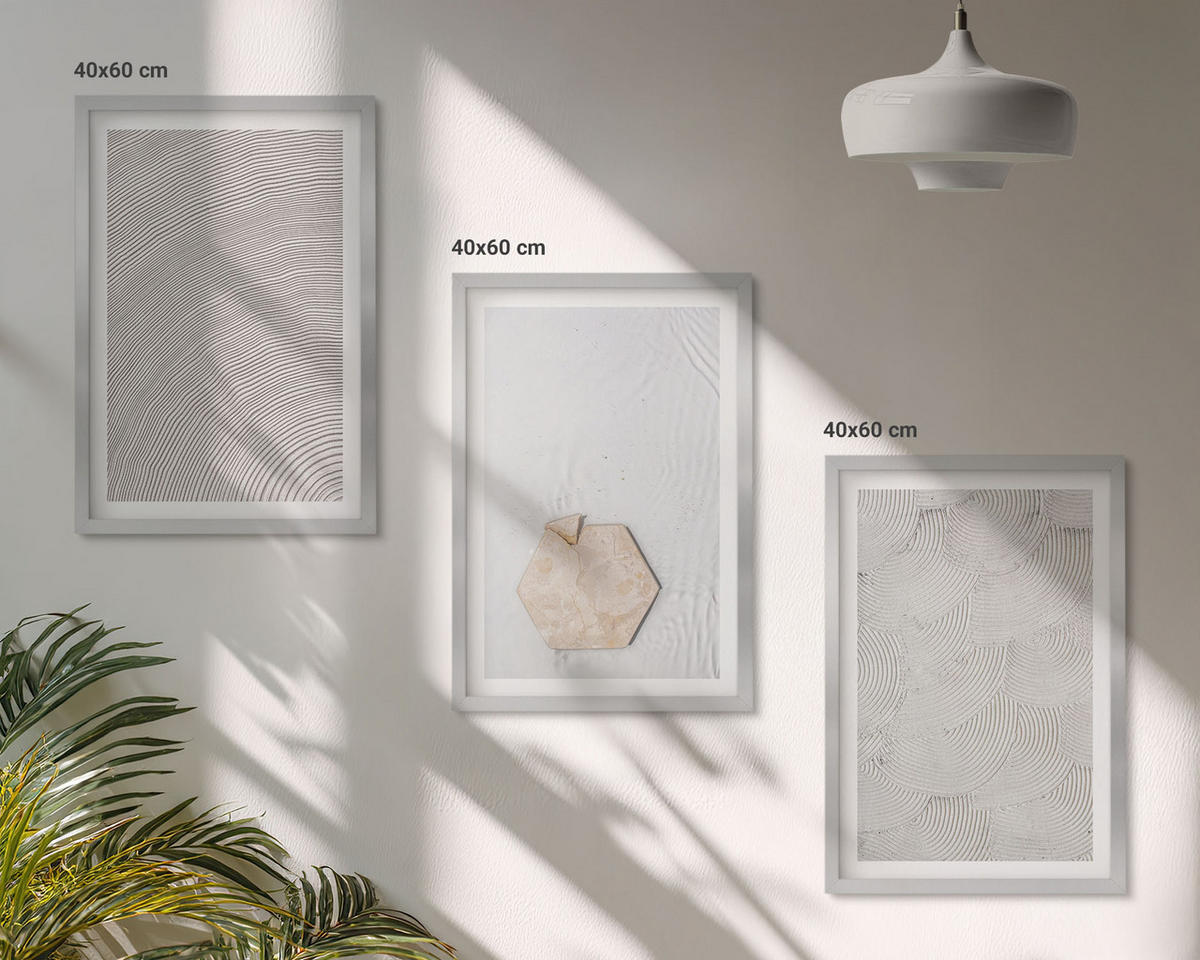 WANDBILDER 3er Set - 40x60 cm Silberner Rahmen - Leichte Boho-Sandtexturen - Silberfarben, Kunststoff (40/60cm) - ArtPrintCave
