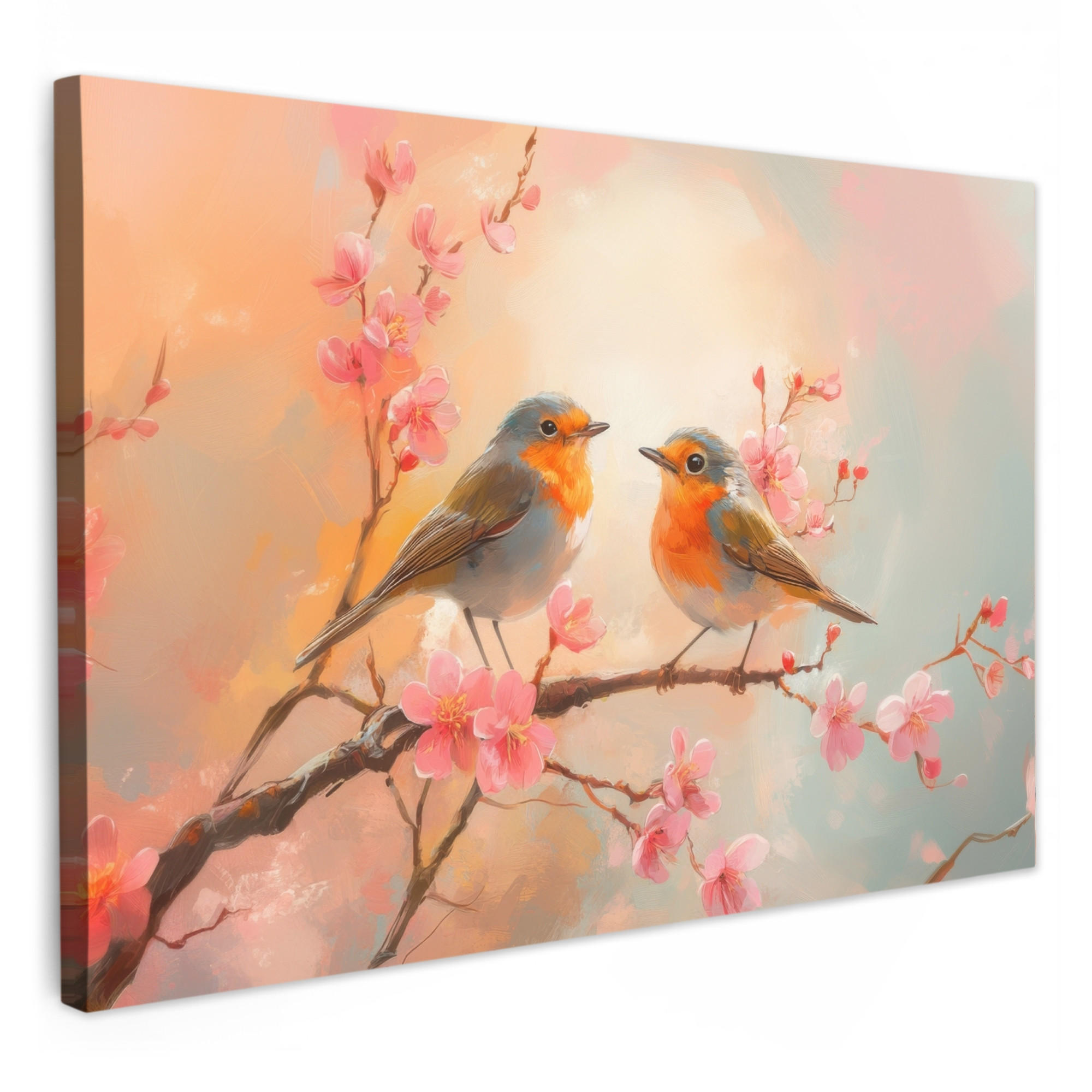 LEINWANDBILD Rotkehlchen - Zierpflanze - Blütenzweig Wohnzimmer 120x80 cm - Hellrosa, Textil (120/80cm) - MuchoWow
