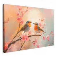 LEINWANDBILD Rotkehlchen - Zierpflanze - Blütenzweig Wohnzimmer 120x80 cm - Hellrosa, Textil (120/80cm) - MuchoWow